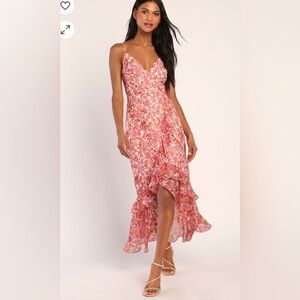 Lulus Always Enchanting Pink Floral Metallic‎ Ruffled High-Low Dress nwot